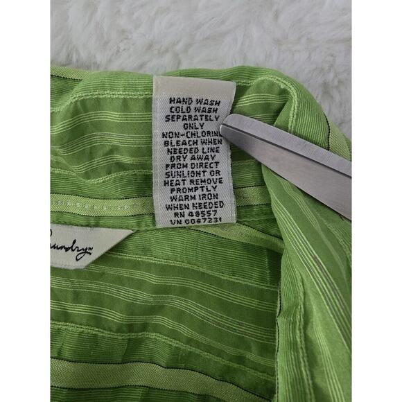 French Laundry Silk Linen Blend Button Up Lime Green Striped Y2K Shirt Womens M‎ - Picture 4 of 9